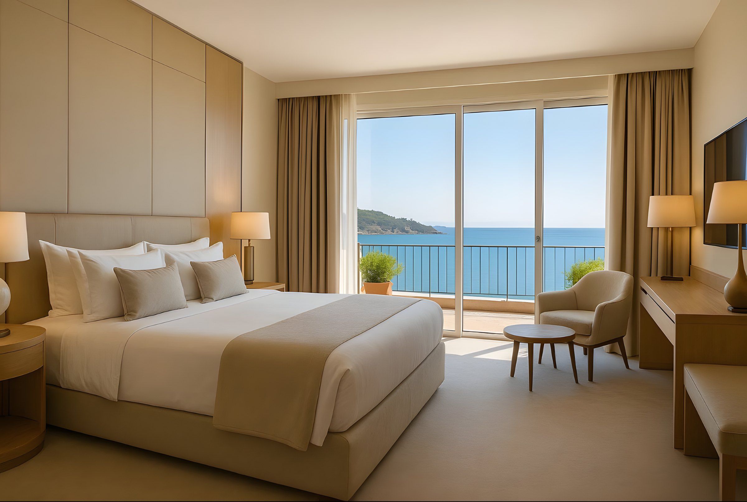 Chambre d’hôtel vue mer aménagée avec du mobilier sur mesure : tête de lit, chevets, bureau et fauteuil