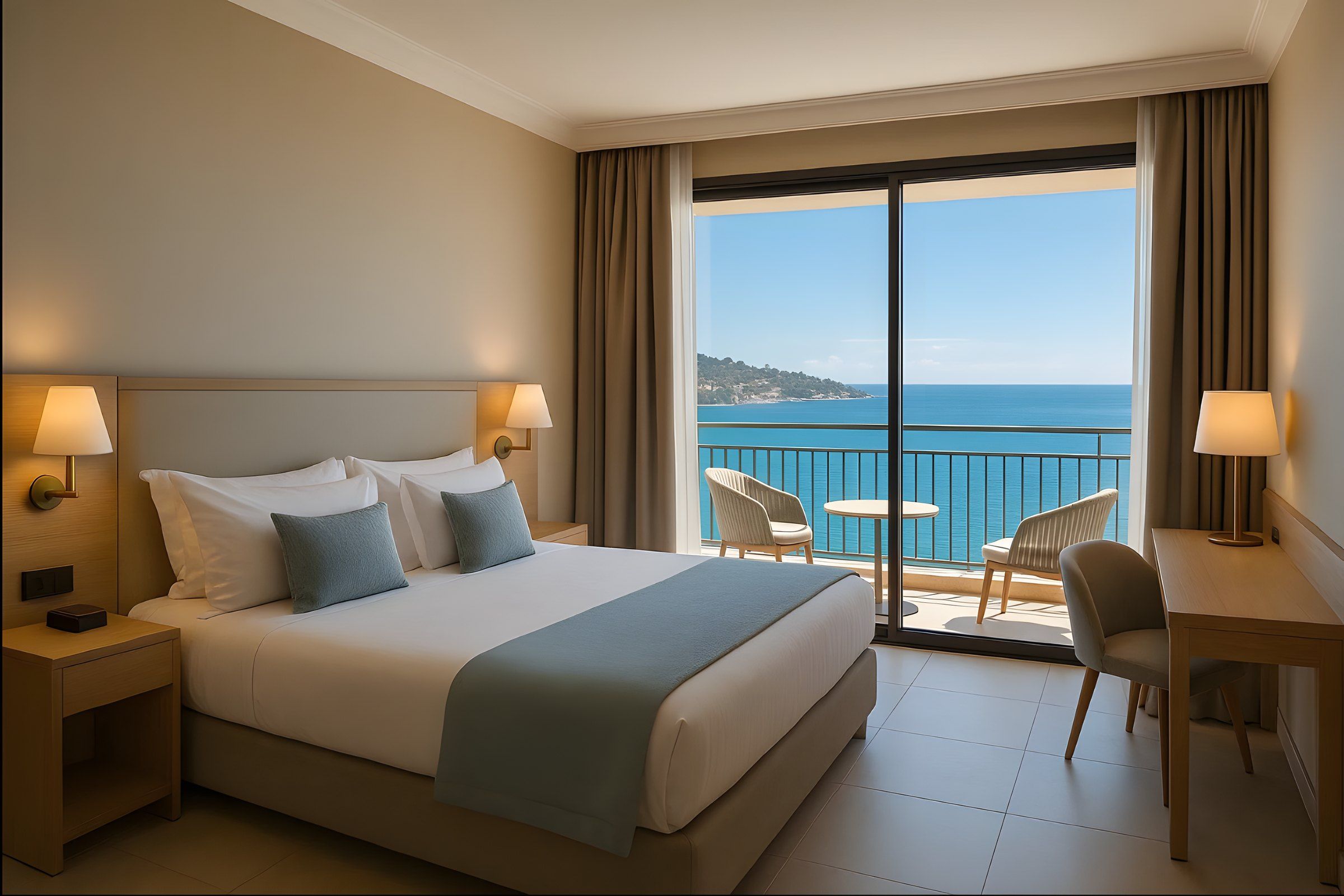 Chambre d’hôtel avec balcon sur la mer, mobilier en bois clair