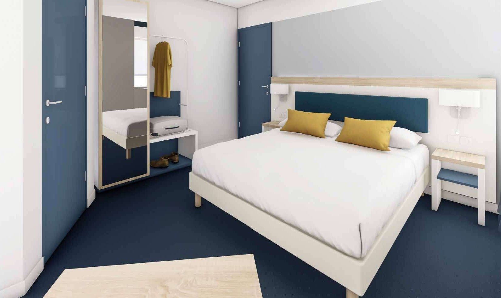 Chambre d’hôtel collection Olio — mobilier hôtelier sur mesure, style bleu & bois clair