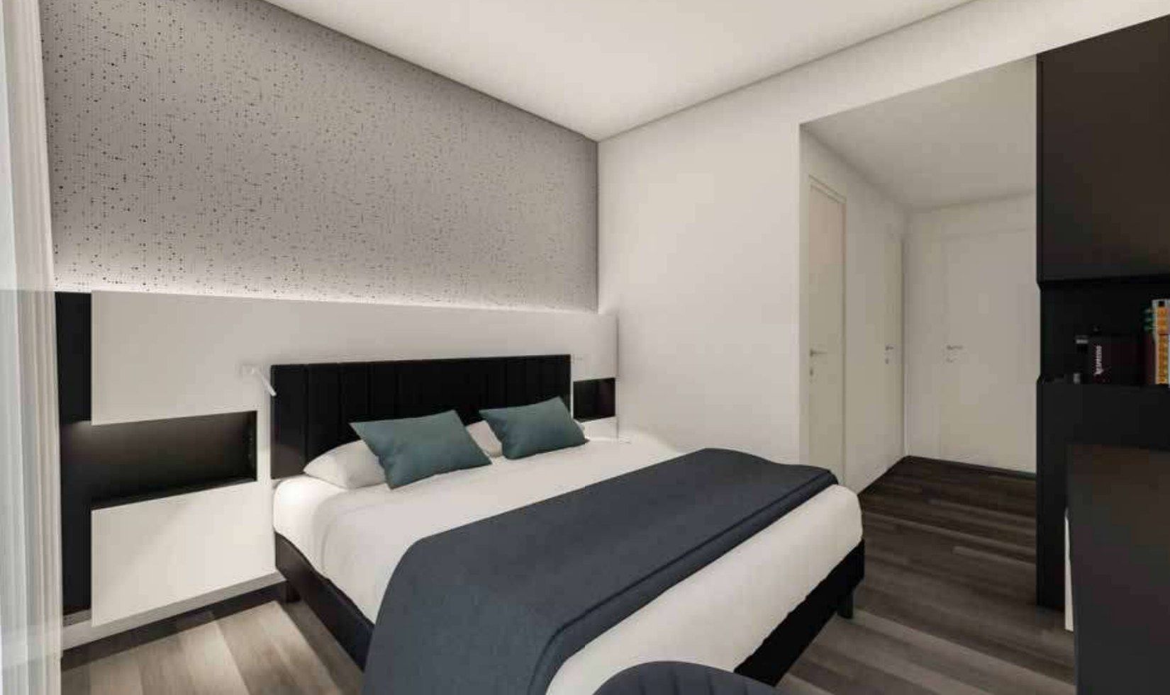 Chambre d’hôtel collection Sweet Night — mobilier hôtelier sur mesure, style graphique noir & blanc
